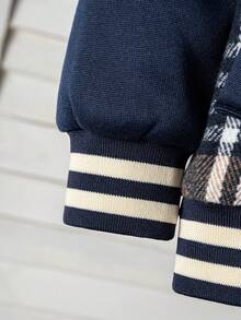 Young Boy Casual Fashion Plaid Patchwork Royal Blue Long Sleeve Baseball Shirt And Small Badge Long Pants Set - Multicolor - View 9