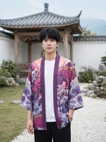 Men's Japanese Dragon Pattern Open Front Casual Shirt - Vintage Purple Pink Loose Fit Summer Top, Machine Washable, Multi-Size Suitable For Indoor And Outdoor Wear, Loose Kimono Style, Non-Sheer Fabric, Please Check Size Chart Carefully - Purple - View 4