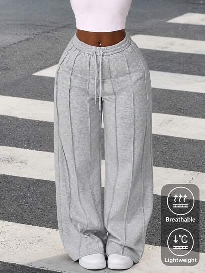 Women's Casual Patchwork Wide Leg Sweatpants, Women's Casual Pants, Summer, Autumn/Winter Elastic Waist Contrast Stitching Loose Fit Sweatpants, Suitable For Daily Commute, Fitness, Independence Day Casual Wear