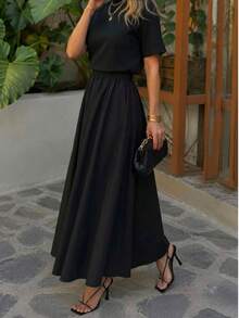Women's Stretch Waist Poplin Long Flared Skirt - Black - View 2