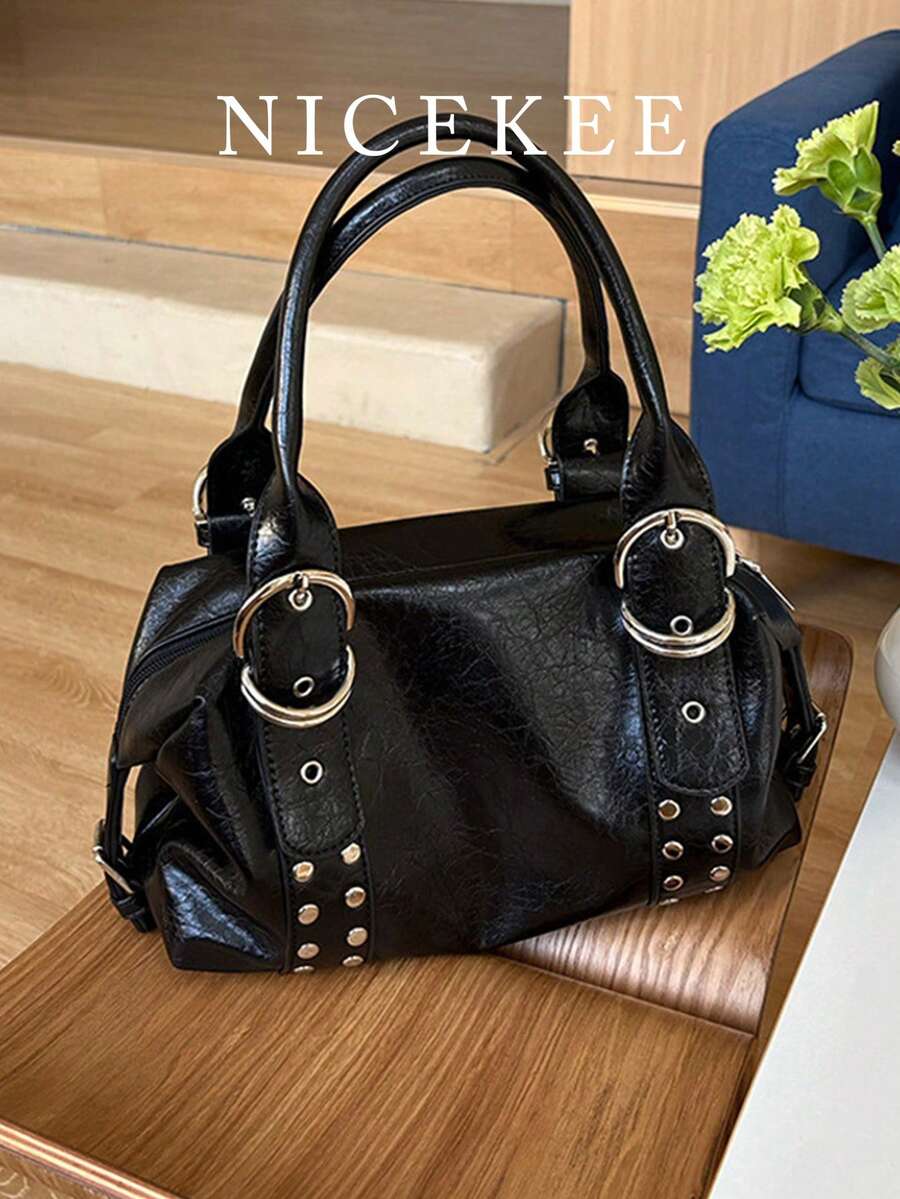 Tas Bahu Bertekstur Modis Gaya Punk Outdoor Nicekee Street, Desain Dekorasi Rivet, Cocok Untuk Perjalanan Sehari-hari, Belanja di Pusat Perbelanjaan. - Hitam - View 1