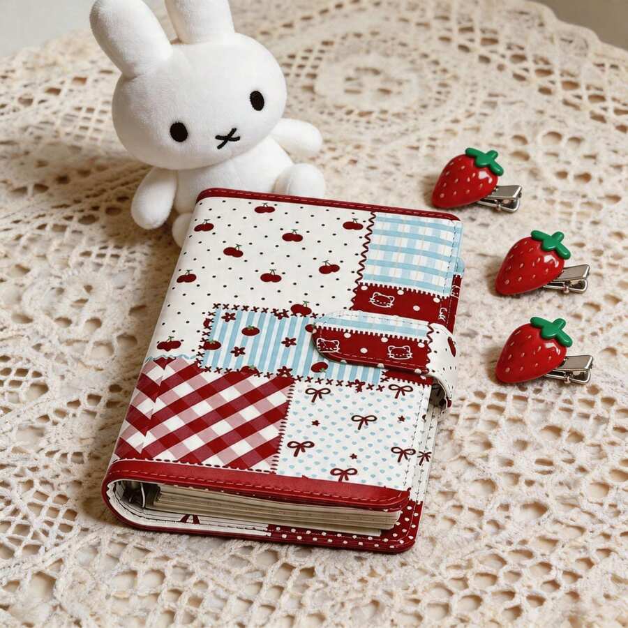 1pc Patchwork Plaid Cherry Notebook, Loose-Leaf Binder, Sweet Girl Style Ins Small Notebook, Portable Diary, Planner - Multicolor - View 1