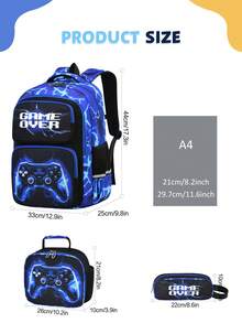 3-Piece Game Controller Print Cool Pattern Backpack Set, Dual Zipper Closure, Multi-Pocket Design, Laptop Compartment, Suitable For Daily Multi-Scenario Use, Multi-Color Optional Set Combination - A - View 3