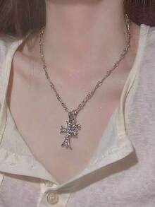 Silver Versatile Cross Pendant Long Necklace For Women, Light Luxury Niche High-End Sweet Cool Hot Girl Style Collarbone Chain Accessory - Multicolor - View 5