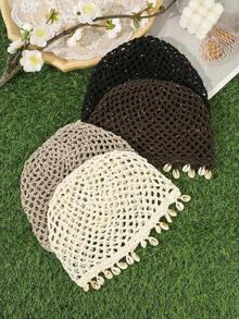 1pc Boho Hollow Crochet Hair Cap With Natural Cowrie Shell Tassels,Women Mesh Knit Turban Hat,Suitable For Everyday Outings Head Vacation For Beach - Multicolor - View 9
