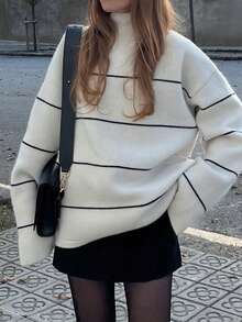 Live To Mo Women's Casual Striped Small Stand Collar Knit Top, Loose Drop Shoulder Long Sleeve Sweater, Suitable For Autumn Back To School, Daily And Outing Wear - Black and White Stripes - View 7