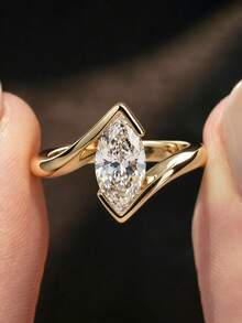 1pc Gold 2ct Women's Ring, Inlaid With High-Shine Marquise Cut Cubic Zirconia. Suitable For Daily Commute And Dating. Luxury Gift Jewelry For Women. - Gold - View 4