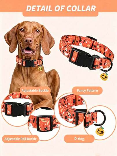 1pc Halloween Dog Collar, Large/Medium/Small Dog Neck Collar, Non-Choking Dog Collar, Ghost, Bat, Black Cat Fun Print, Comfortable And Non-Choking Neck, Suitable For Medium/Small And Large Dogs, Dual Use For Holiday Outings, Dog Walking, Photo Shoots, Dog Collar, Dog Supplies, Personalized And Practical Holiday Pet Accessory, Best Choice For Halloween And Christmas Gifts