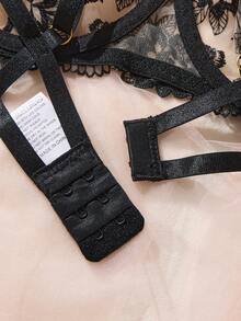 Black Floral Embroidery Sheer Mesh Lingerie Set,Adjustable Thin Strap Underwire Bra Gold Hardware Decor Strappy Matching Thong - Black - View 5