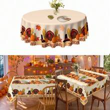 1pc Thanksgiving Turkey & Pumpkin Print Polyester Tablecloth, Suitable For Kitchen, Dining Room, Holiday, Party Table, Autumn/Winter Decoration - Multicolor - View 1