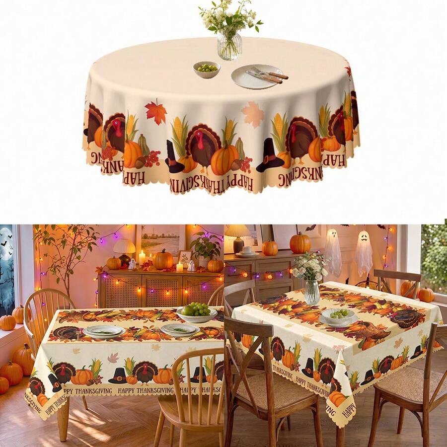 1pc Thanksgiving Turkey & Pumpkin Print Polyester Tablecloth, Suitable For Kitchen, Dining Room, Holiday, Party Table, Autumn/Winter Decoration - Multicolor - View 1