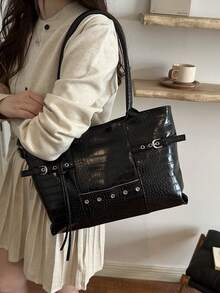 New Casual Crocodile Pattern PU Leather Large Capacity Handbag, Designed For Women, Fashionable And Minimalist, Solid Color, Zipper Closure, Suitable For Women's Shoulder Carry And Handheld Use, Women's Handbag - Black - View 5
