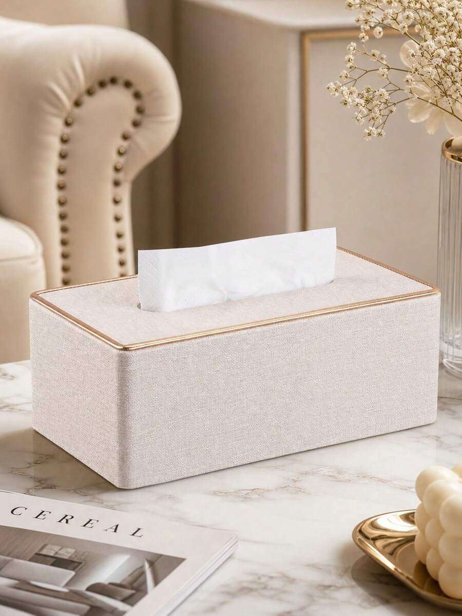 Rectangular Tissue Box Cover Holder In PU Leather, Suitable For Tissues, Napkins, For Bathroom, Home, Office, Beige Home Bathroom Decor Bathroom Organizer Fall Decor Back To School - Beige - View 1