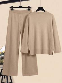 Women's Plus Size Solid Color Knit Set, Long Sleeve Knit Top + Loose Pants 2-Piece Set, Soft Comfortable Casual Loungewear, Suitable For Daily Wear, Autumn/Winter - Khaki - View 7