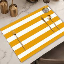 1pc Yellow & White Striped Placemat, Minimalist Modern Table Mat, Dining Table Decor, Easy To Clean Kitchen & Restaurant Home Daily Use, Christmas Holiday Decoration - Multicolor - View 4