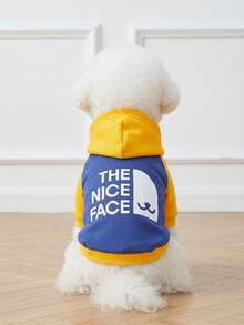 LUCKIE LABO 1件裝配色 NICE FACE 英文標語圖案印花貓狗聚酯纖維連帽衛衣 防跳蚤 減少掉毛 保暖寵物連帽衫 適合貓狗室內外穿著 - 黃色 - 查看 2