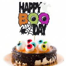 1pc Glitter Happy Boo Day Cake Topper, Halloween Ghost And Spider Web Dessert Decoration, Shiny Spooky Party Supplies, Suitable For Holiday Celebrations - Big Eyes BooDay - View 2