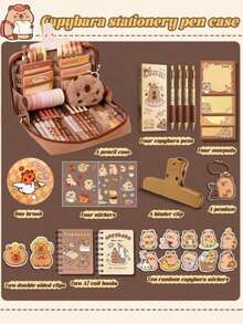 33pcs/226pcs/127pcs/47pcs Capybara‑Print Stationery Set, Multi‑Layer Large‑Capacity Pencil Box Set With Stickers, Keychain & Brooch, Patterned Stationery Supplies, Practical Collection For Daily‑Use - Khaki - View 27