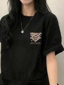 新款夏季 Gen Z Y2K 風格女款設計金色愛心印花圓領短袖 T 恤 黑色休閒 - 黑色 - 查看 5