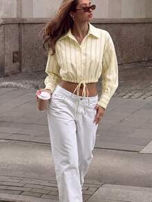 Women's Yellow Striped Drawstring Short Blouse, Long Sleeve Front Button Top, Suitable For Women's Office Commute And Campus Wear, Summer Autumn Casual Style - Yellow - View 5