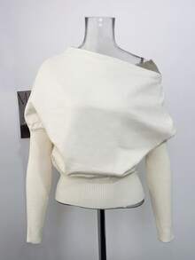 Autumn New Slouchy Premium Asymmetrical Shoulder Pullover Sweater Loose Asymmetrical Shoulder Knit Top White - White - View 9