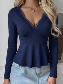 SCARLUX Autumn Y2K Deep Blue V-Neck Fitted Long Sleeve Top, Basic Style, Suitable For Back To School, Business And Casual Wear - Navy Blue - View 4