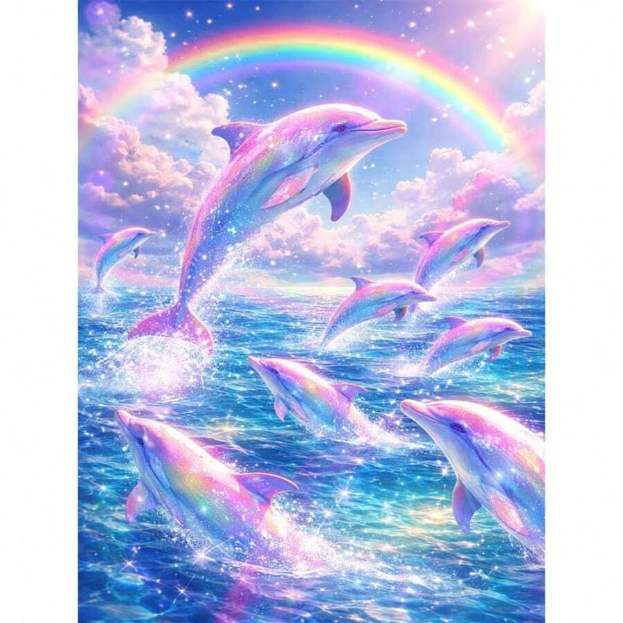 1PC DIY 5D Diamond Painting Kit Dolphin Pattern - Round Full Drill Art Mosaic Craft, Home Wall Decor, Unframed - No Frame - View 1