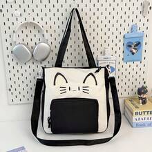 Tas Tote Unisex Kapasitas Besar, Ransel Pelajar Gaya Kuliah, Tas Bahu & Selempang Kasual - Hitam dan Putih - View 2