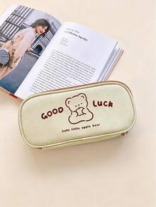 1pc Girls' Niche Design Stationery Bag, Ins Style Bear & Rabbit Pencil Case, Soft Cute Cartoon Bear & Rabbit Pattern With Fun Eng, First Day Of School - Multicolor - View 11