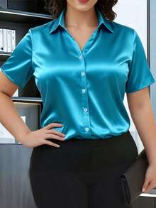 HOMEYEE Camisa de Manga Curta de Cor Sólida para Mulheres Plus Size, Moda de Escritório para Primavera e Verão - Azul menta - Visão 10