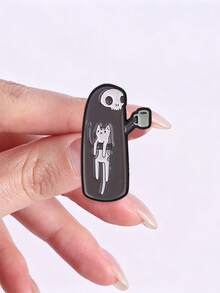Grim Reaper Holding Cat & Coffee Enamel Pin Dark Cartoon Brooch Gothic Decor Badge - Dark Grey - View 7
