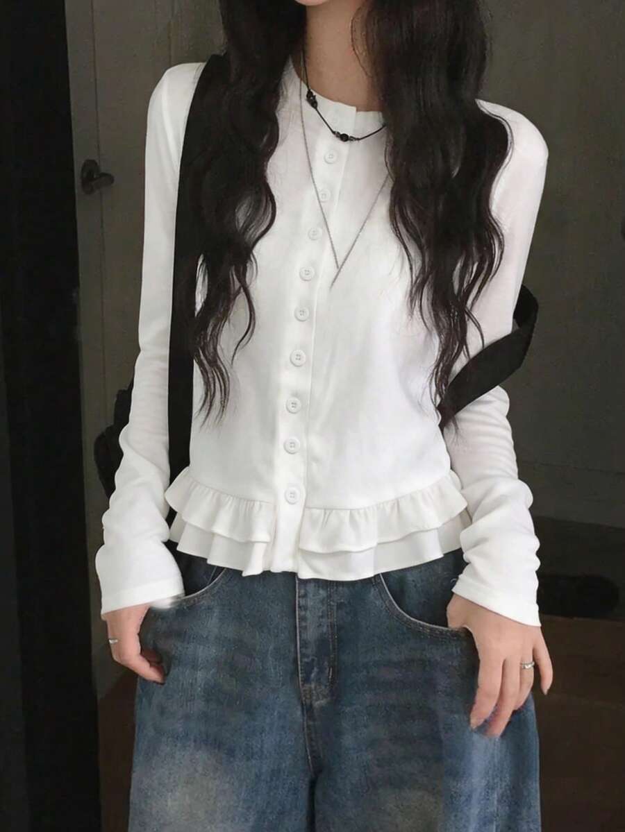 Atasan Cardigan Kaos Lengan Panjang Leher Bulat dengan Hem Bergelombang Gaya Korea Minimalis untuk Wanita, Warna Putih, Cocok untuk Musim Gugur. - Putih - View 1