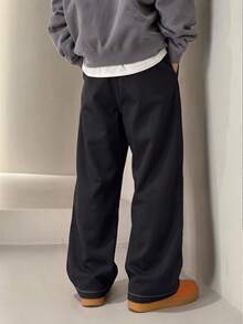 1pc Boys Teen Autumn American Street Style College Aesthetic Minimalist Line Wide Leg Casual Long Pants - Black - View 2