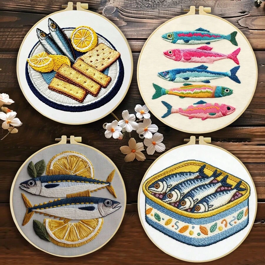1件 20*20cm/7.9*7.9in 美味秋季刀魚刺繡套件，DIY手工刺繡套裝，適合成人初學者，居家禮物，女性縫紉禮物，含使用說明書、印花布料、刺繡框、針與線