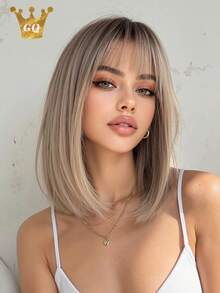 12 Inch Platinum Blonde Straight Bob Wig With Bangs, Shoulder Length Smooth Synthetic Fiber Women's Wig, Heat Resistant Natural Fashion, Suitable For Daily Wear, Date, Party, Cosplay, Halloween Costume - Multicolor - View 1