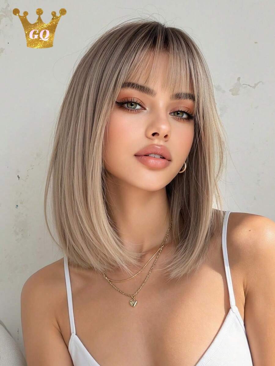 12 Inch Platinum Blonde Straight Bob Wig With Bangs, Shoulder Length Smooth Synthetic Fiber Women's Wig, Heat Resistant Natural Fashion, Suitable For Daily Wear, Date, Party, Cosplay, Halloween Costume - Multicolor - View 1