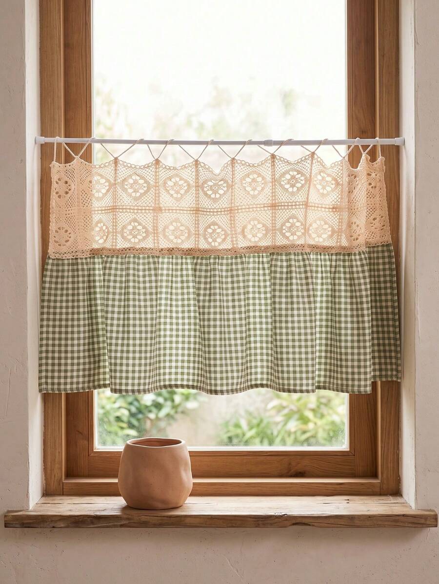 1/2pcs Green & White Plaid Patchwork Beige Hollow Woven Half Curtain, Fresh Country Style, Rectangular Top Hollow Lace & Bottom Scalloped Edge Detail, Shading & Decorative Function, Suitable For Kitchen Windows & Fresh Home Decor - Green - View 1