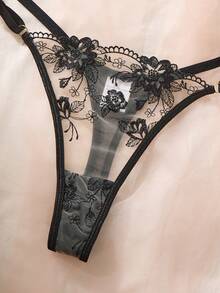 Black Floral Embroidery Sheer Mesh Lingerie Set,Adjustable Thin Strap Underwire Bra Gold Hardware Decor Strappy Matching Thong - Black - View 7