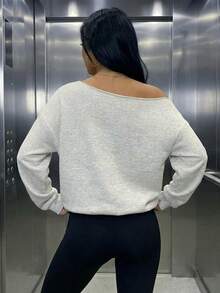 女款休閒露肩寬鬆衛衣，適合日常穿著，秋冬冬季，舒適抓絨內裡，外出穿搭 - 淺灰色 - 查看 8