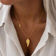 1pc Simple Fashion Initial Wing Pendant Golden Stainless Steel Bead Chain Necklaces For Women - Yellow Gold - View 1
