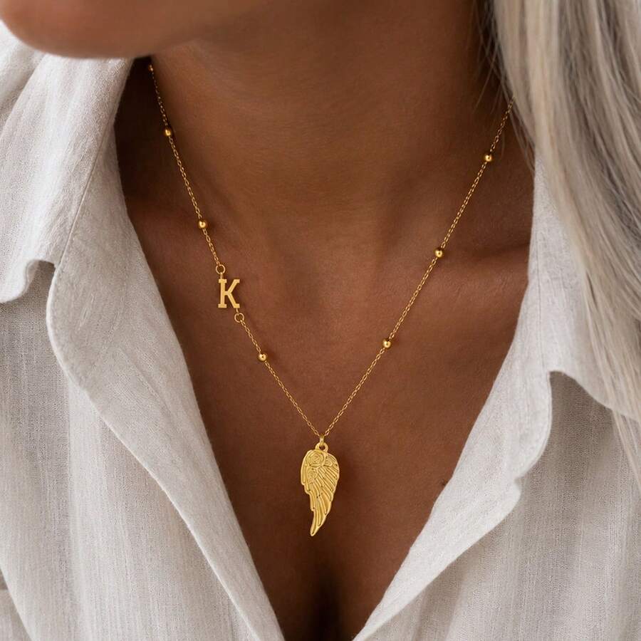 1pc Simple Fashion Initial Wing Pendant Golden Stainless Steel Bead Chain Necklaces For Women - Yellow Gold - View 1