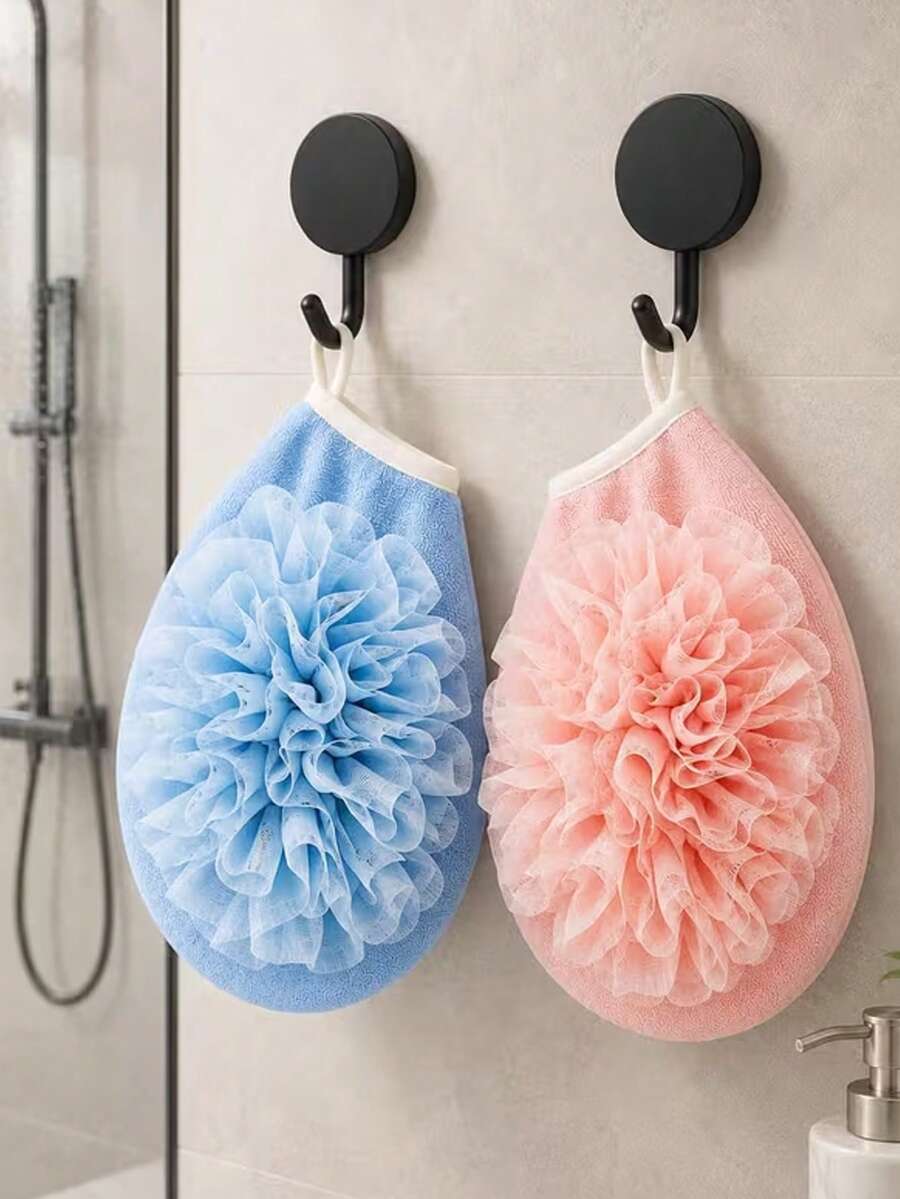 4Pcs Set 2-In-1 Bath Glove & Loofah, Dual-Use Exfoliating Shower Mitt With Bubble Sponge, Comes With 2 Hooks For Hanging Storage, Body Scrub Bath Accessory For Bathroom - Multicolor - View 1