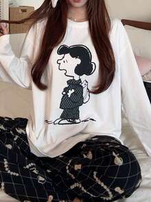 Gongdie 2pcs Snoopy Women's Pajama Set, Spring/Autumn White & Black Soft Cotton Loungewear With Argyle Pattern And Pearl Print - Black and White - View 1