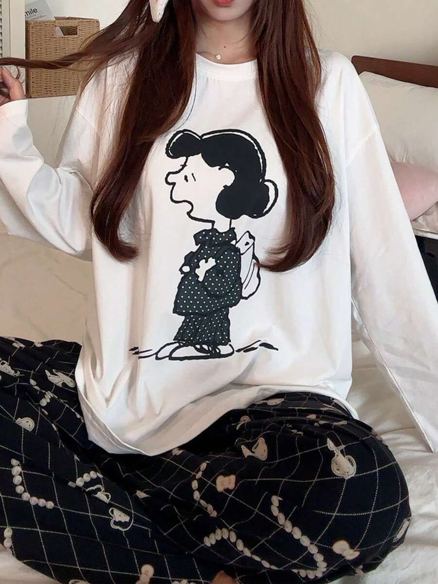 Gongdie 2pcs Snoopy Women's Pajama Set, Spring/Autumn White & Black Soft Cotton Loungewear With Argyle Pattern And Pearl Print - Black and White - View 1
