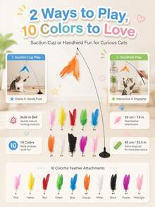 7Alas 12-Piece Interactive Cat Teaser Wand Set With Detachable Bell And Feather Replacement Heads, Two Play Modes:,Handheld Interaction And Suction Cup Self-Entertainment, Indoor Hunting Exercise Cat Toy For Kittens - View 4