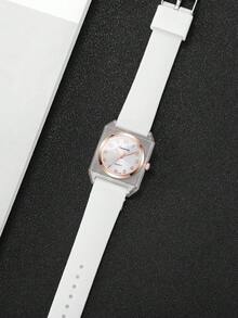 女款矽膠手錶，時尚極簡正方形數位錶盤，經典優雅石英腕錶 (1件/套)，不含錶盒 - 白色 - 查看 6