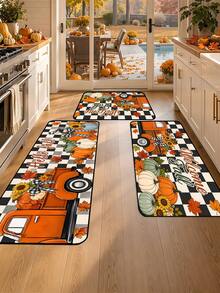 1/16Pcs Hello Fall Theme Doormat, Thanksgiving Door Mat, Printed With Orange Pumpkin, Maple Leaf And Black & White Plaid Pattern, Autumn Harvest Festival Decoration Mat, Welcome Kitchen Rug, Dirt-Resistant Floor Mat, Autumn Party Decoration - Multicolor - View 1