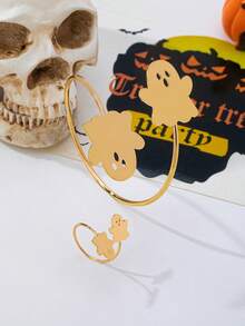 2pcs Line Pumpkin Ghost Bat Shaped Gold Metal Bracelet Ring Set, Minimalist Style Classic Luxury Party Holiday Jewelry - Yellow Gold - View 4