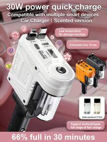 W&O Scent Diffuser Car Charger, 30W Fast Charging With 2 Retractable Charging Cables, USB & Type-C Ports, Supports 4 Devices Simultaneous Charging, Universal For IPhone17 16 15 14 13 12 11, Android & Tablets - Aromatherapy Car Charger - View 2