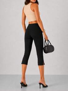 Women Solid High Waist Slim Fit Capri Pants - 黑色 - 查看 3
